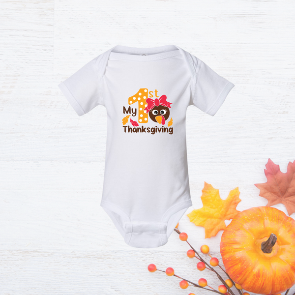 Thanksgiving Baby Girl Bodysuit Dress - My First Turkey Day